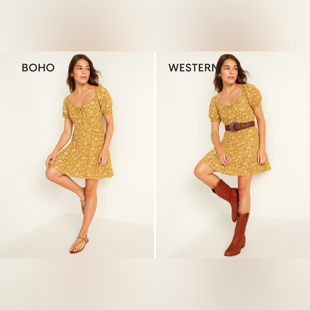 NWT Old Navy Yellow Floral Puff-Sleeve Fit & Flare Dress Size L